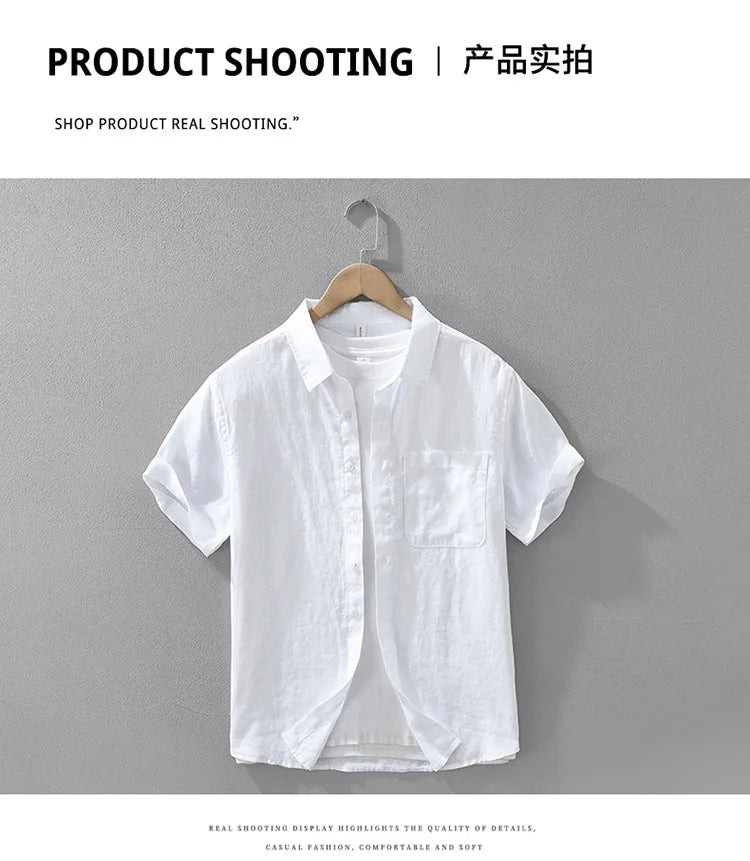 100% Linen Short Sleeve Shirt for Men Breathable Summer Casual Top Minimalist Loose Fit Button-Up Shirt  Natural Wrinkle Texture