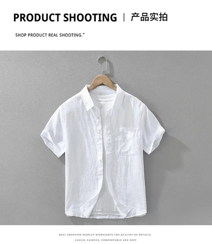 100% Linen Short Sleeve Shirt for Men Breathable Summer Casual Top Minimalist Loose Fit Button-Up Shirt  Natural Wrinkle Texture