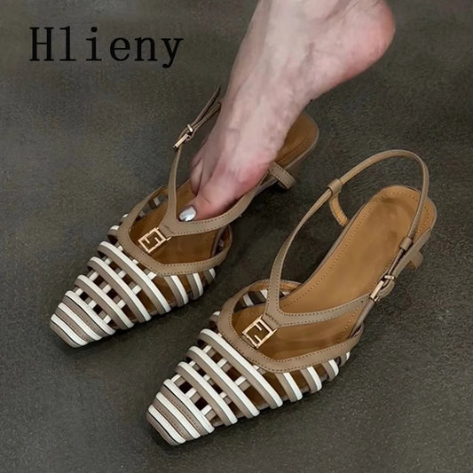 Hlieny Fashion Hollow Out Metal Buckle Woman's Pumps Summer Square Toe Slingback Shoes Low Thin Heels Mules Sandals Women Brown