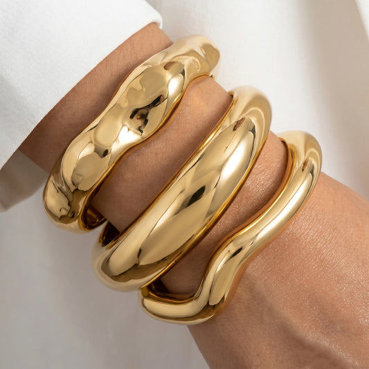 3 Pcs Vintage Hip Hop Cuff Bangles for Women Punk Gold Color Twisted Wavy Geometric Stackable Bangles Bracelet Men Party Jewelry