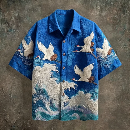 New dark green embossed dark pattern fabric with flying crane and wave printing for men's casual short sleeved shirt