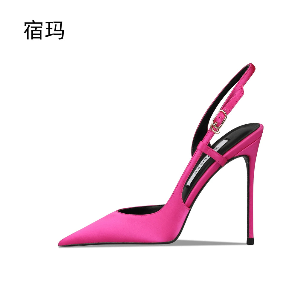 Rose red satin back tripe buckle sandals for women's new style slim heel and sexy European and American style single shoes