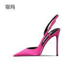 Rose red satin back tripe buckle sandals for women's new style slim heel and sexy European and American style single shoes