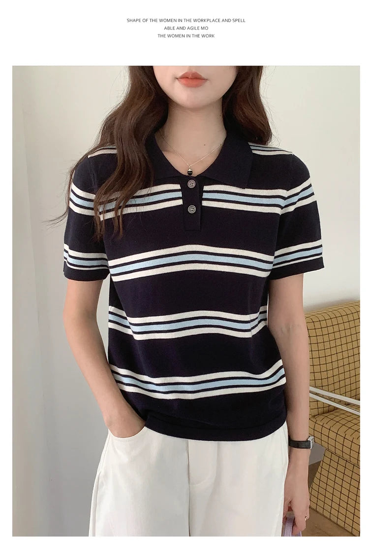 WinvyNee Summer Top Women's 100% Cotton Striped Polo T Shirt Women's Clothing Short Sleeve Casual Oversized Pullover A1522077