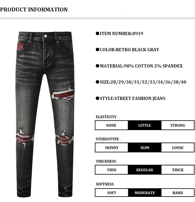 Men's Fashionable Black/Gray Jeans with Pleats Nostalgic Perforations Red Patches Washed Water High Street Style