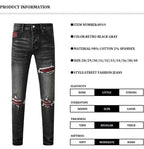 Men's Fashionable Black/Gray Jeans with Pleats Nostalgic Perforations Red Patches Washed Water High Street Style