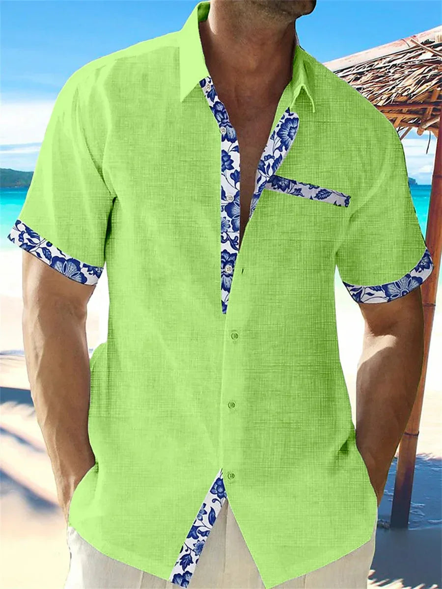 2024 new summer shirt men's Hawaiian shirt casual fashion street short -sleeved beach resort men's pocket shirt