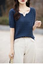 Women's T-shirt Summer New 100% Pure Cotton Tees Casual Solid Knitted Short sleeved V-neck Pullover Loose Tops Fashion Sweater
