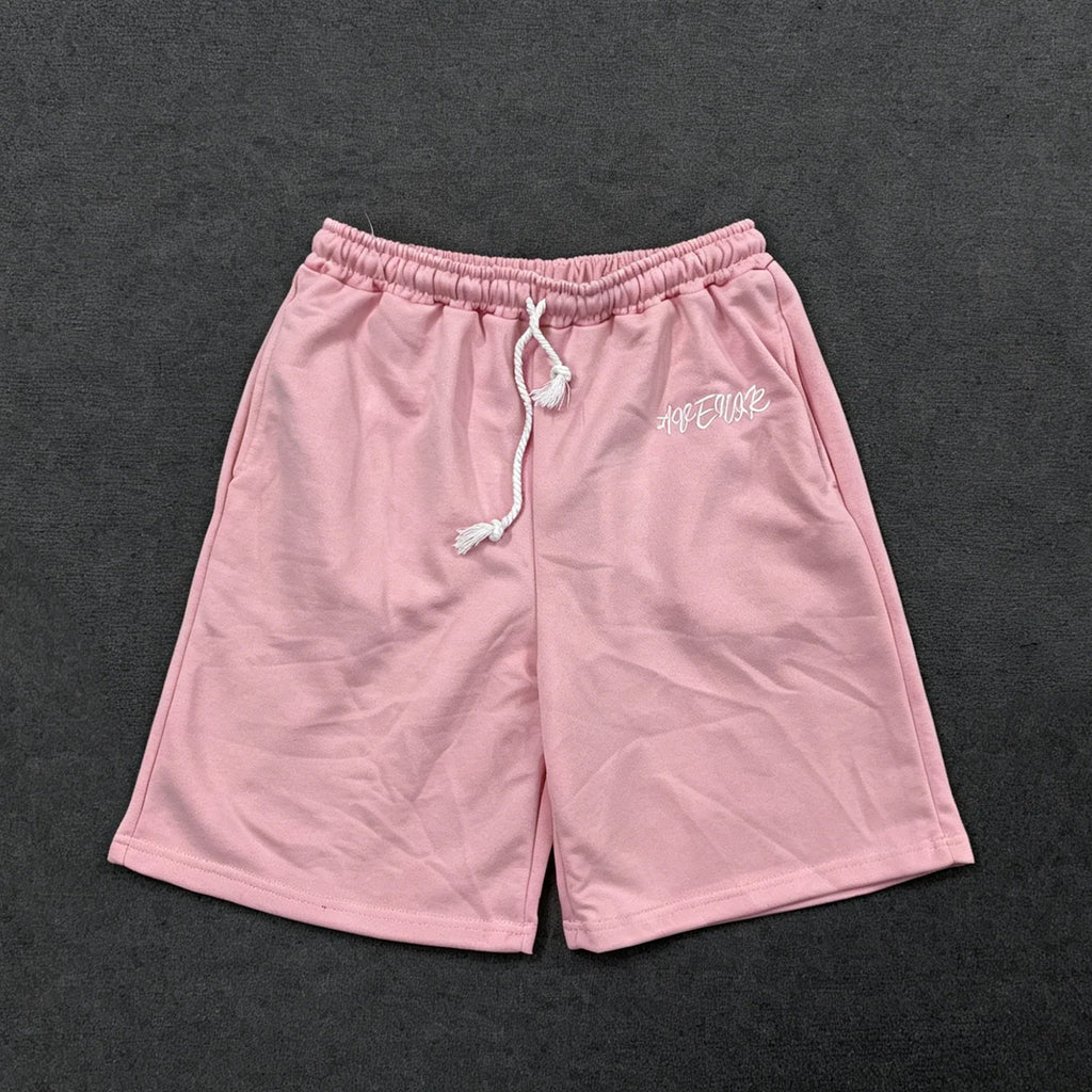 Summer new pink casual shorts straight through loose shorts printed round neck T-shirt set