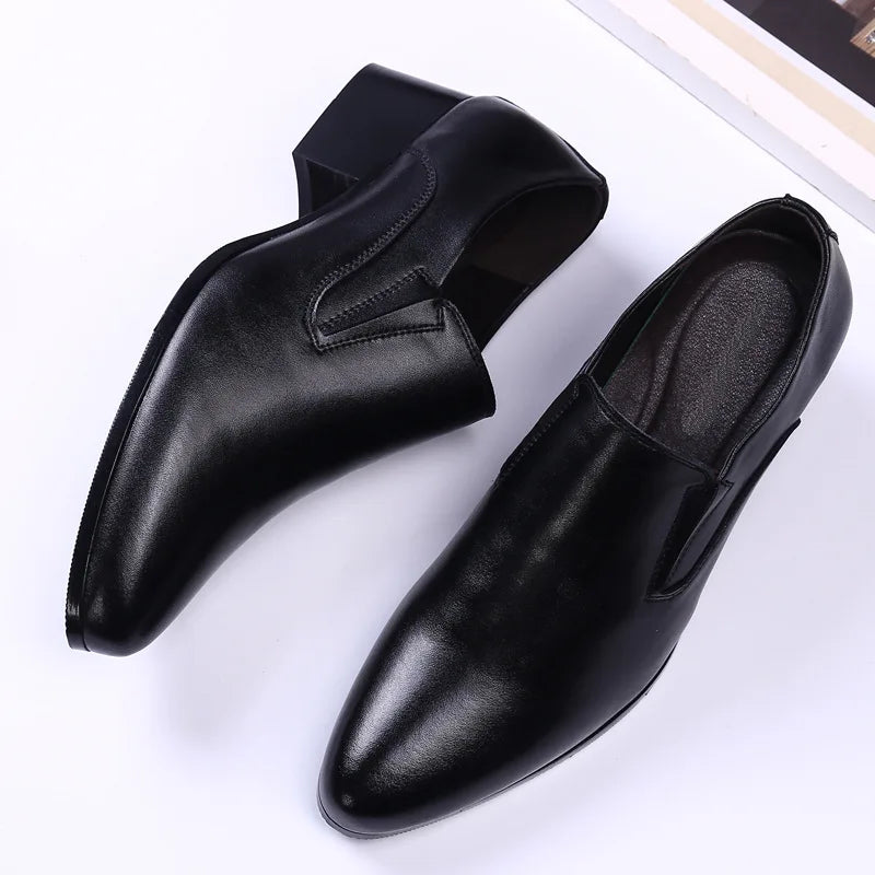 100% Genuine Leather Men Height Increasing Dress Shoes 6cm Fashion Business Brogues Brand Male Footwear Pure Black Monks D756