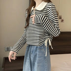 Women's Autumn Polo Shirt 2026 Striped Long Sleeve Drawstring Teddy Bear Collar Slimming T-Shirt