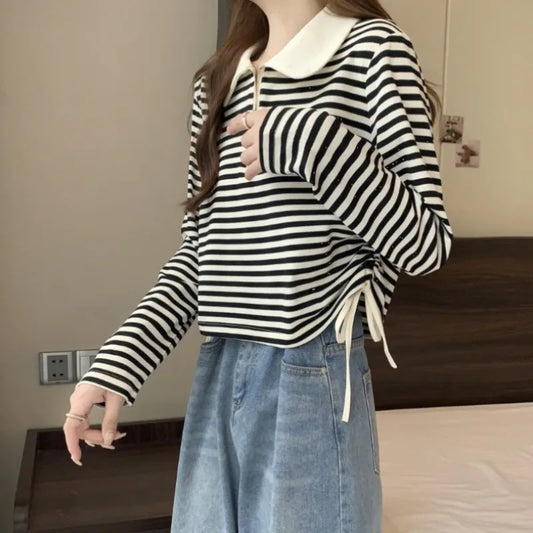 Women's Autumn Polo Shirt 2026 Striped Long Sleeve Drawstring Teddy Bear Collar Slimming T-Shirt