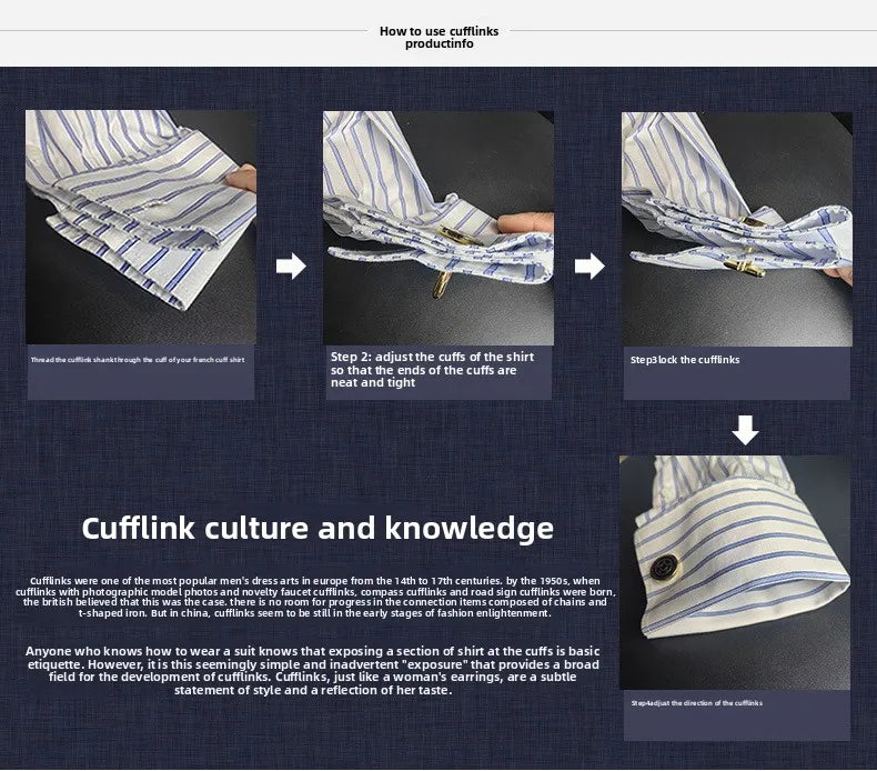 Men's Empire Neck French Cufflink Shirt Slim Fit Business Dress Assorted Cufflinks Lead Needle Large Tip Neck Men's White Shirt
