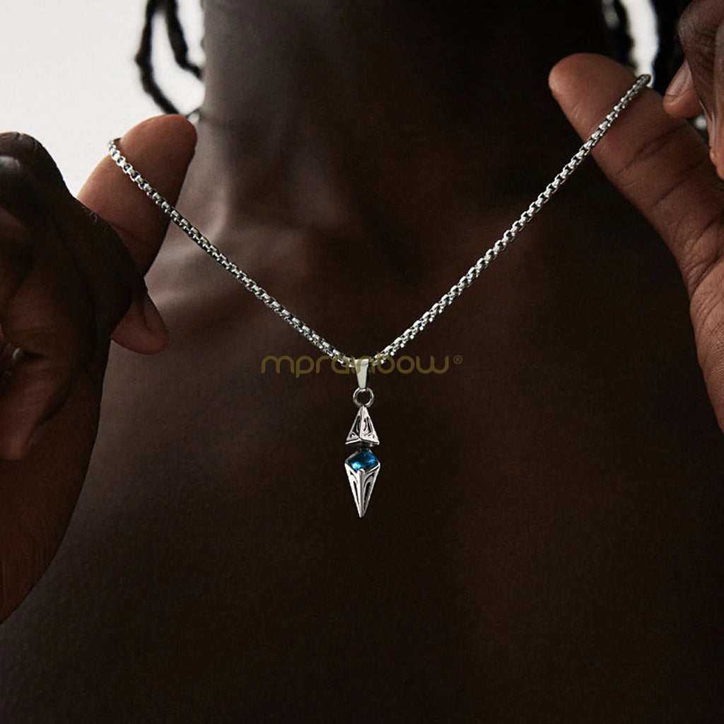 Stylish Blue Stone Necklaces for Men Women,Stainless Steel Geometric Pendant Collar,Valentine's Birthday Party Gift for Him