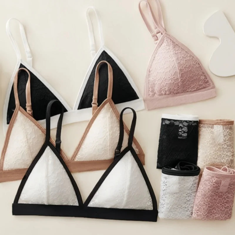 Women French Lace Bra and Panties Set Non-wire Bralette Bra Low-Rise Briefs Sexy Lingerie Female Lace Underwear Set