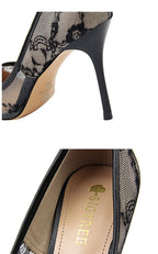 2024 Black Flower Lace Mesh Pumps Women Pointed Toe Shallow Fashion Party Single Shoes Show Thin High Heel Office Shoes