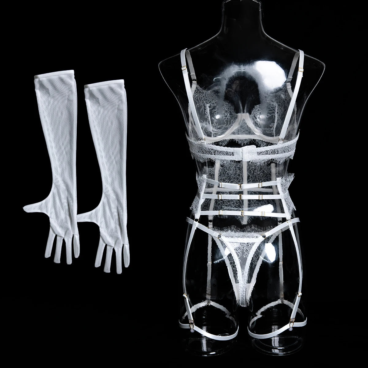 New Eyelash Lace 5-Piece Lingerie Set for Women with Underwire Bra Waistband  Garter Belt Leg Rings Gloves Sexy Comfortable