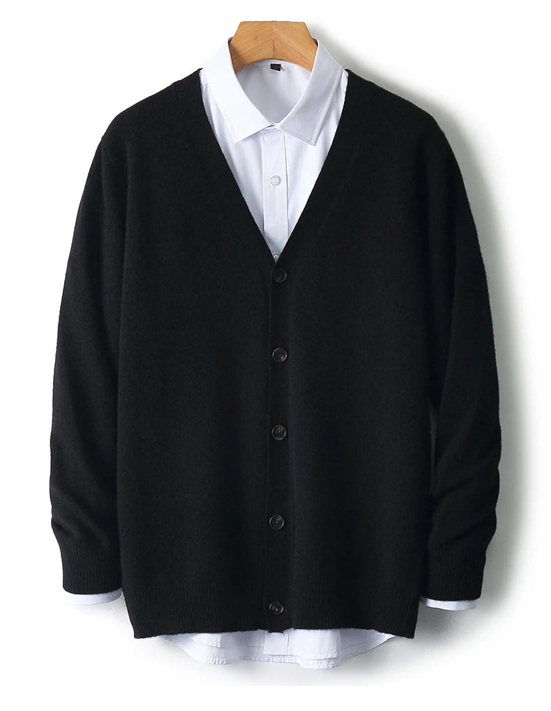 100% Pure Wool Sweater Autumn Winter New Men's Cardigan V-Neck Buckle Jacket Loose Casual Cashmere Knitted Sweater Long Sleeveds
