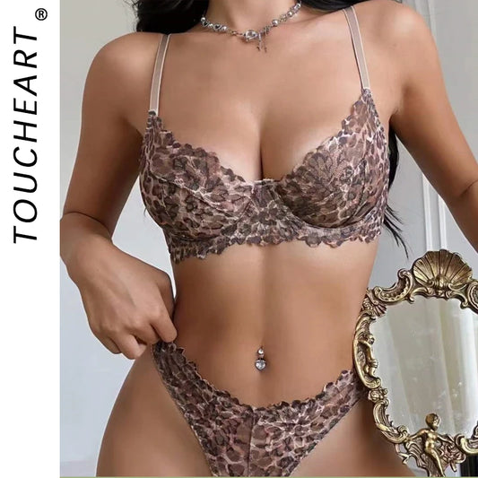 Toucheart 2 Pieces Lingerie Set Sexy Lace Underwire Bra Leopard Print Ultra Thin Underwear Briefs Women Comfortable Underwear