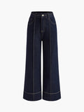 Missuoo 2026 Summer Women's Trendy Wide Leg Jeans Dark Blue High Waist Center Pleated Denim Pants with Contrast Stitching