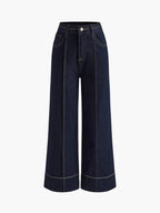 Missuoo 2026 Summer Women's Trendy Wide Leg Jeans Dark Blue High Waist Center Pleated Denim Pants with Contrast Stitching