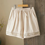 Women's Summer Retro Hollow Lace Trim Linen Shorts Elastic Drawstring Waist Casual Commute Wide Leg Pants