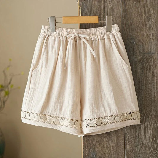 Women's Summer Retro Hollow Lace Trim Linen Shorts Elastic Drawstring Waist Casual Commute Wide Leg Pants