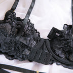 Sexy Lace Lingerie Set 3 Piece Sheer Mesh Bra Briefs Garter Belt Strappy Hollow Out Waist Cincher Black Erotic Costume Women