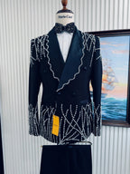 Men's Silver Beaded Suit Set 2 Pieces Formal Party Wear Premium Double Breasted Tuxedo For Men Elegant Slim Fit Suits S-3XL
