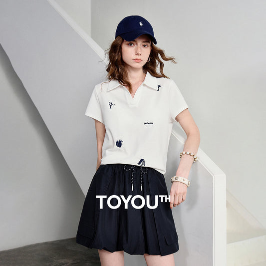 TOYOUTH Women Polo T-Shirt 2026 Summer Joint Name with Gongchangzhang Embroidered V-Neck Age-Reducing Trendy Tops