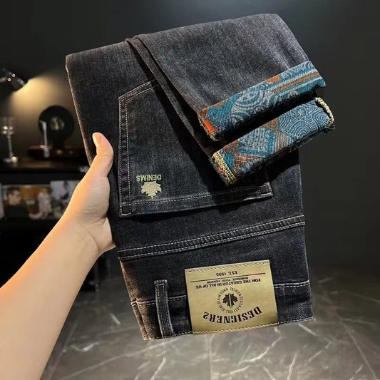 Men's Denim Pants Are Worn Washed Embroidered Smple Straight and Slim Fit With Small Legs