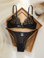 French Style Sexy Embroidered Transparent Underwear Set V-Neck Design Anti-Sagging Breathable Bra And Panties Ensemble