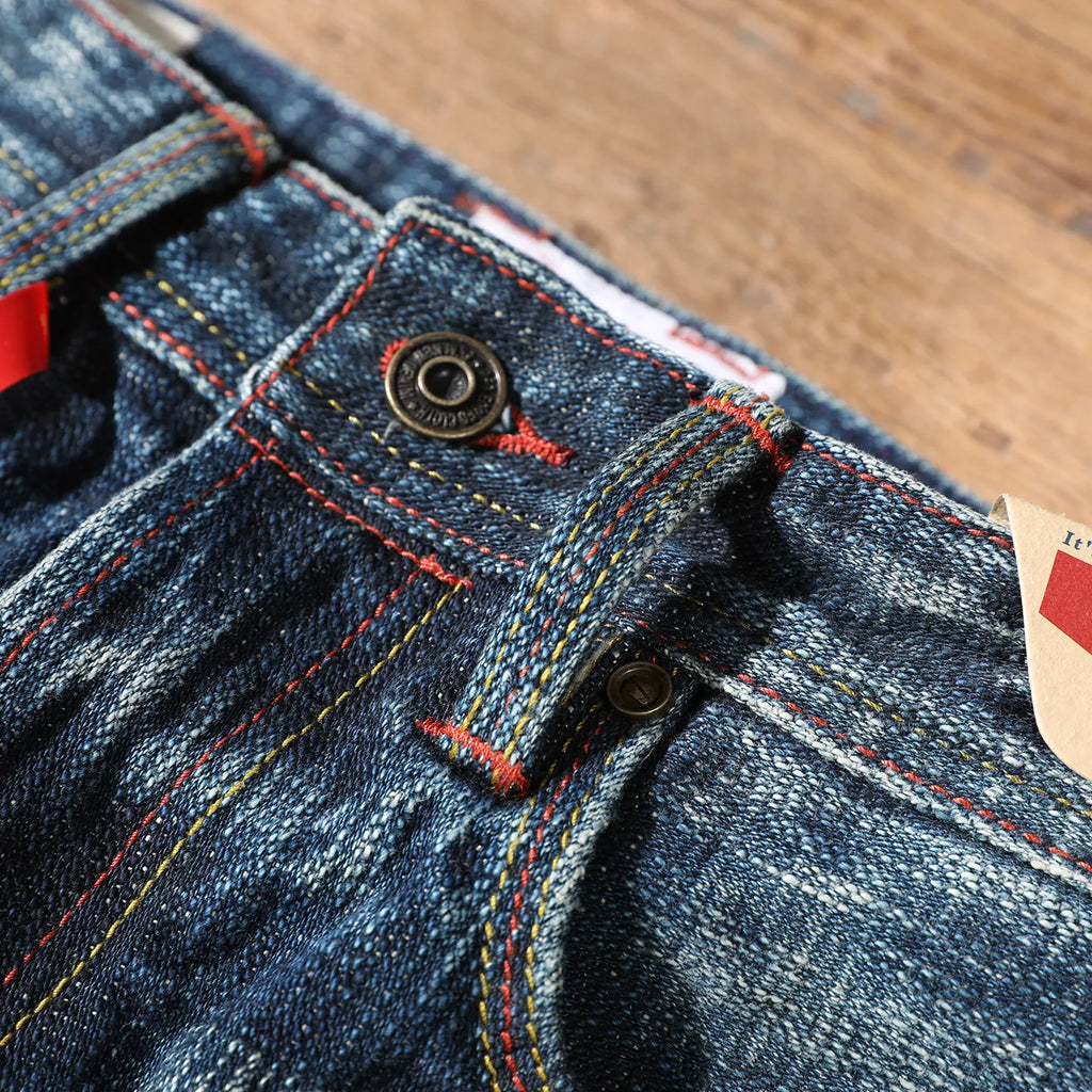 22oz Heavyweight 100% Cotton Washed Men's Selvedge Denim Jeans Taiwan Hand-spun Yarn Plant-dyed Standard Straight Fit Pants 5KM
