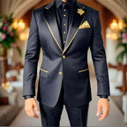 Luxury Men Suits 2 Pieces Black Floral Texture with Gold Accent Wedding Tuxedo Party Suits Formal Fashion Suits