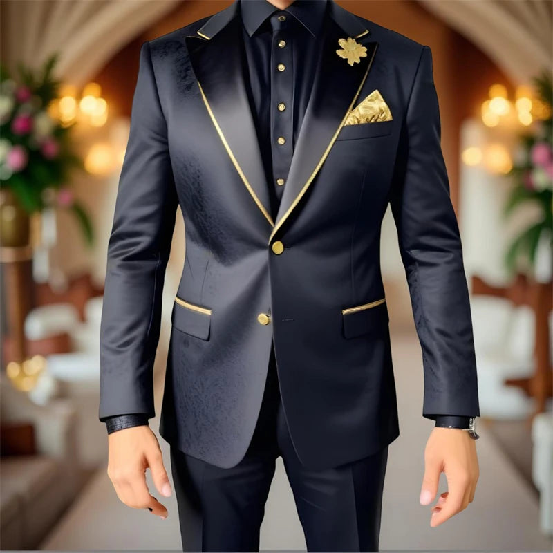 Luxury Men Suits 2 Pieces Black Floral Texture with Gold Accent Wedding Tuxedo Party Suits Formal Fashion Suits