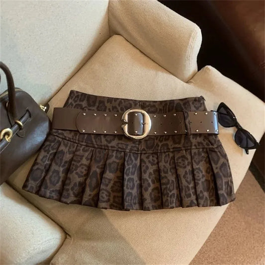Leopard Print High-Waist Short Skirt Women'S Y2k Sexy Hot Girl New Slim Pleated Skirts Aesthetic High Street Retro A-Line Skirt