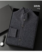 Luxury 100% Cashmere Cardigan for Men Mock Collar Thickening Sweater Autumn Winter Knitted Coat Soft Clothing Smart Casual Top