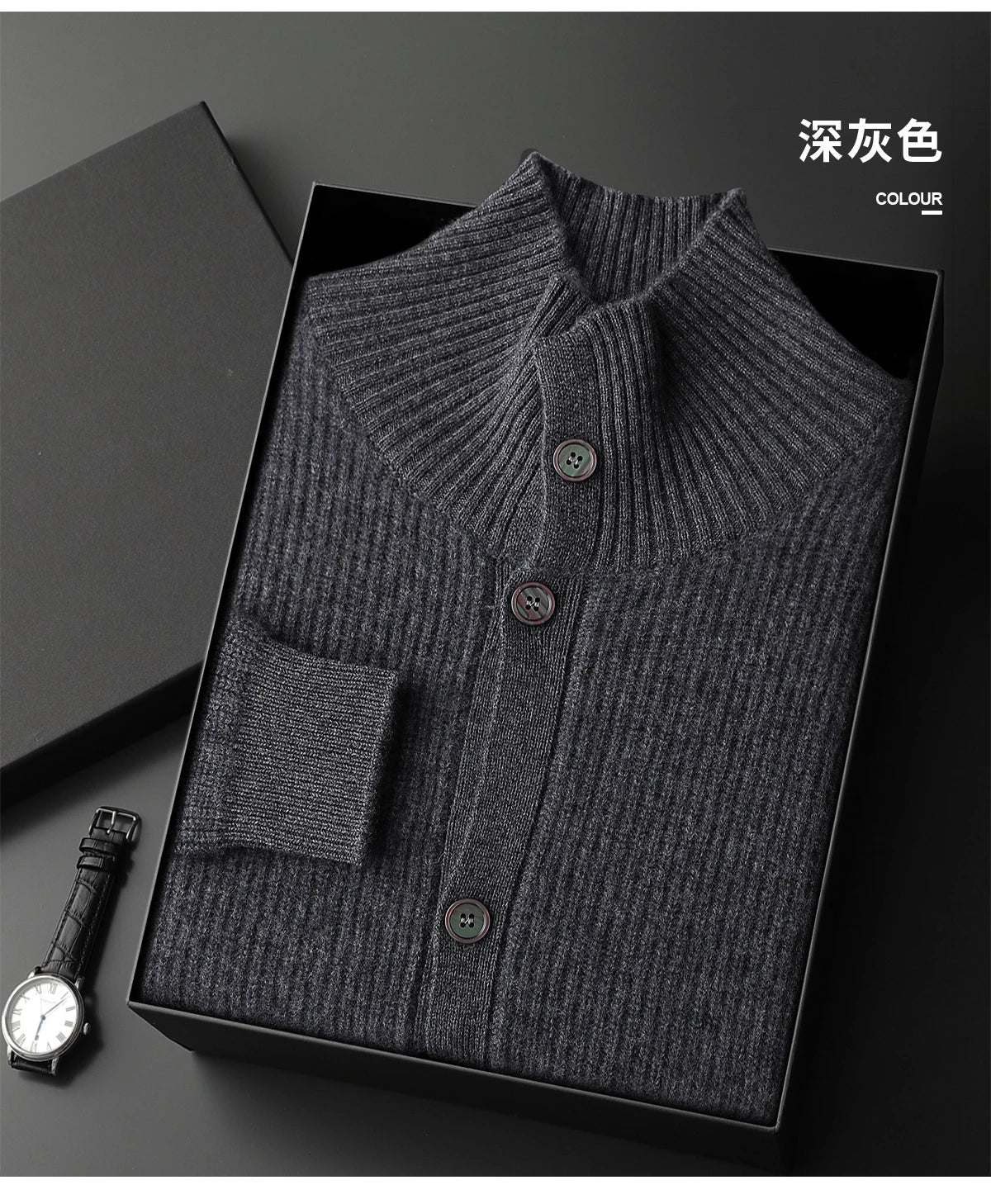 Luxury 100% Cashmere Cardigan for Men Mock Collar Thickening Sweater Autumn Winter Knitted Coat Soft Clothing Smart Casual Top