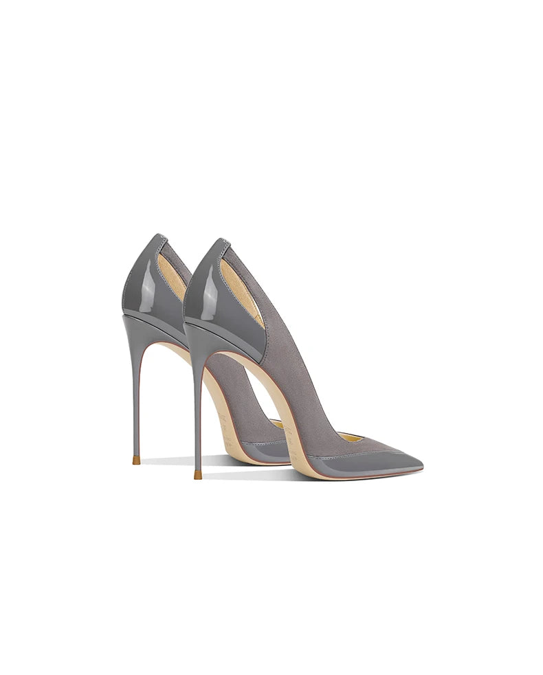 French style gray patent leather patchwork design with a sense of autumn new style pointed toe slim heel high heels for women
