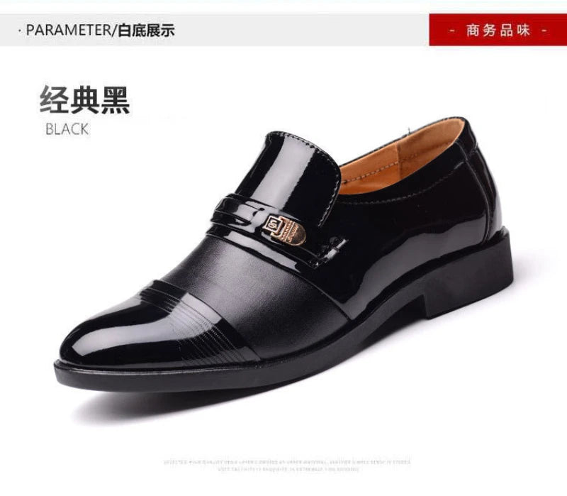 Mens Formal Two Tone Patent Leather Loafers Pointed Toe Slip On Shoes With Metal Buckle Low Heel Comfortable Non Slip Breathable