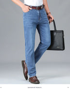 2026 Brand Thin or Thick Material Straight Cotton Stretch Denim Men's  Business Casual High Waist Light Grey Blue Jeans