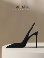 New Baotou fine heeled sandals for women, black with a buckle strap and a back strap, fashionable suede high heels