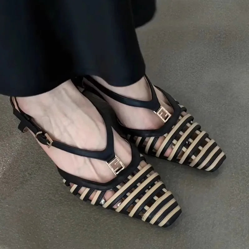 Hlieny Fashion Hollow Out Metal Buckle Woman's Pumps Summer Square Toe Slingback Shoes Low Thin Heels Mules Sandals Women Brown
