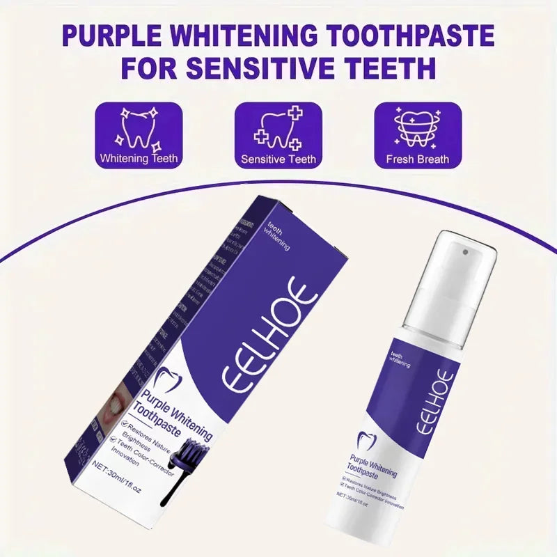 Purple whitening toothpaste, deep cleaning, stain removal, fresh breathing, daily household essential oral care, 30ml