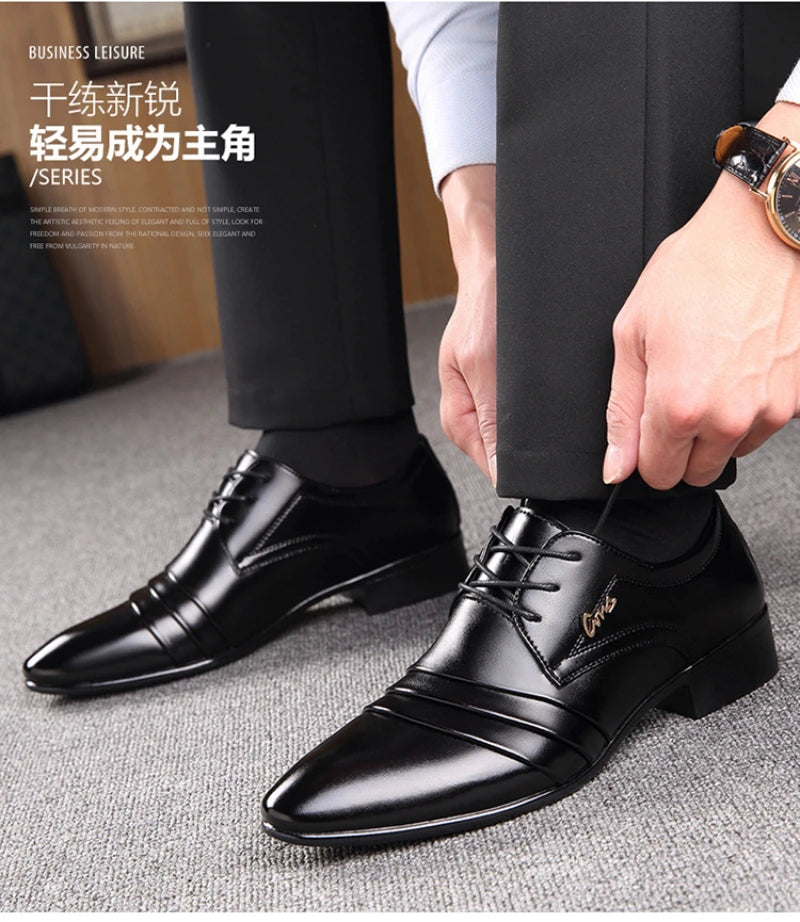 Mens Black Genuine Leather Cap Toe Lace Up Formal Business Office Groom Wedding Daily Wear Dress Shoes British Style Fashion