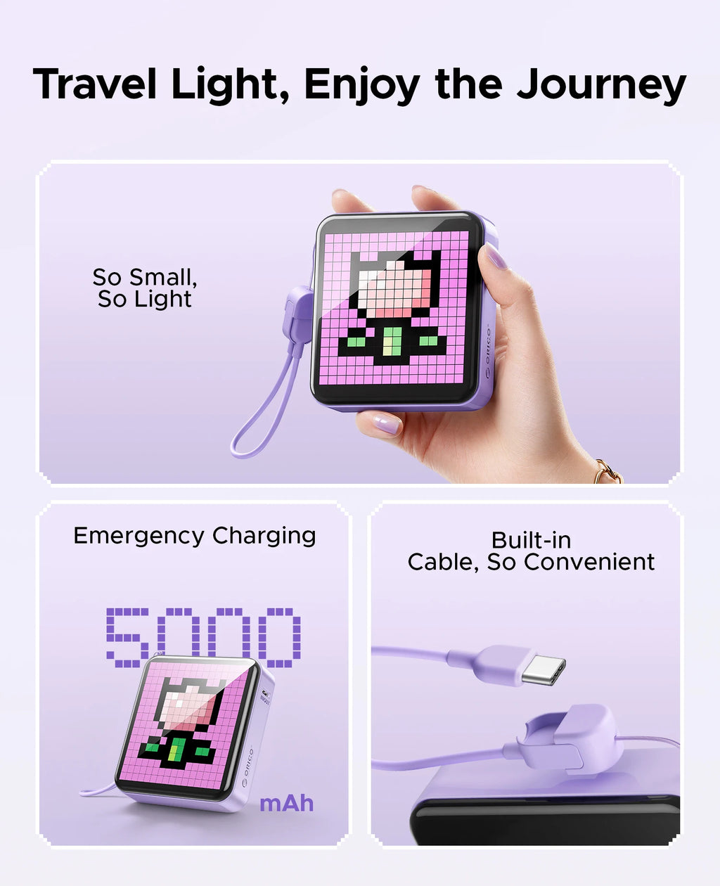 ORICO 5000mAh Pixel Art Power Bank with Built-in USB-C Cable 256 LED Beads Custom DIY Portable Charger for Smartphones