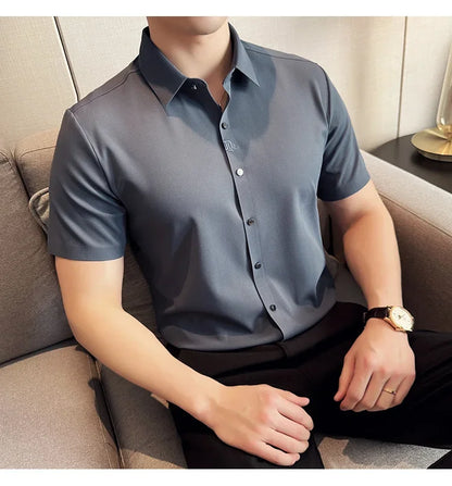 Men's White Business Casual Shirt, Fitted Striped Elastic Short-sleeved Shirt, Exquisite Embroidered Summer Formal Work Uniform.
