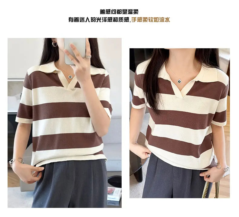 WinvyNee Summer Half Sleeved Women's Solid Polo Shirt Casual Cotton Striped Top T-shirt Women Clothing Casual Knitted A1002022