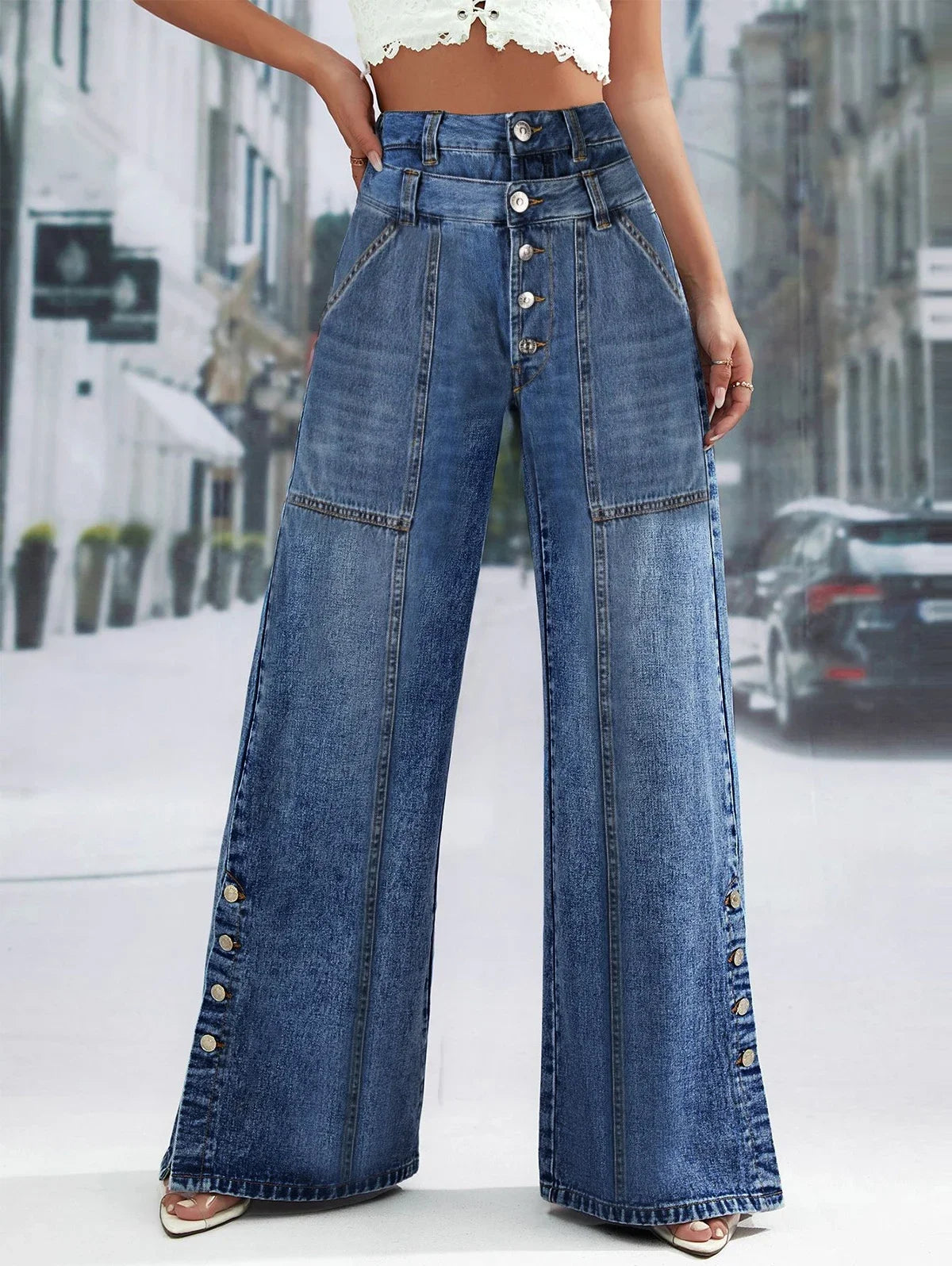 Women's Fashion Vintage Plus Size Wide Leg Jeans High Waist Button Fly Denim Trousers Pants Harajuku Pockets Autumn Jeans