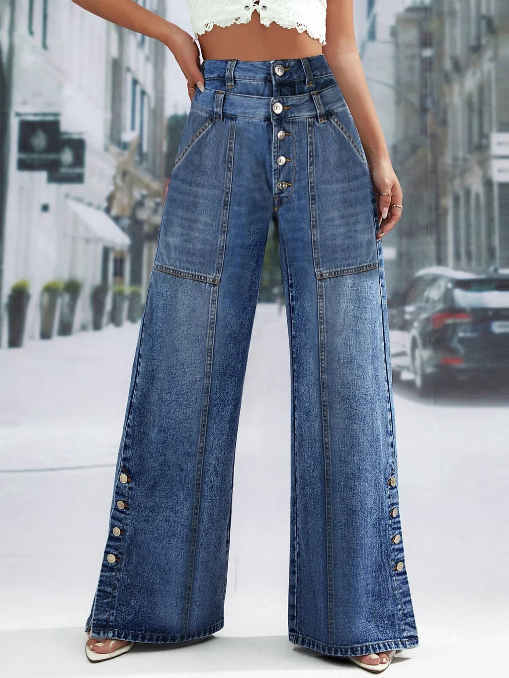 Women's Fashion Vintage Plus Size Wide Leg Jeans High Waist Button Fly Denim Trousers Pants Harajuku Pockets Autumn Jeans